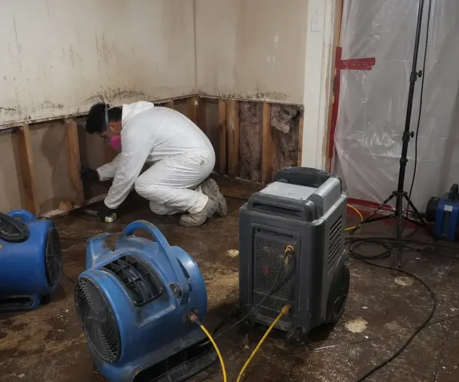 Technician in protective gear cutting out wet drywall next to air movers and a dehumidifier