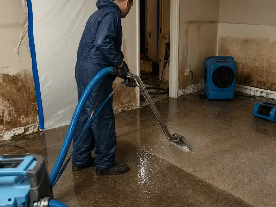 Technician running an extraction wand across a wet floor beside containment plastic and an air mover