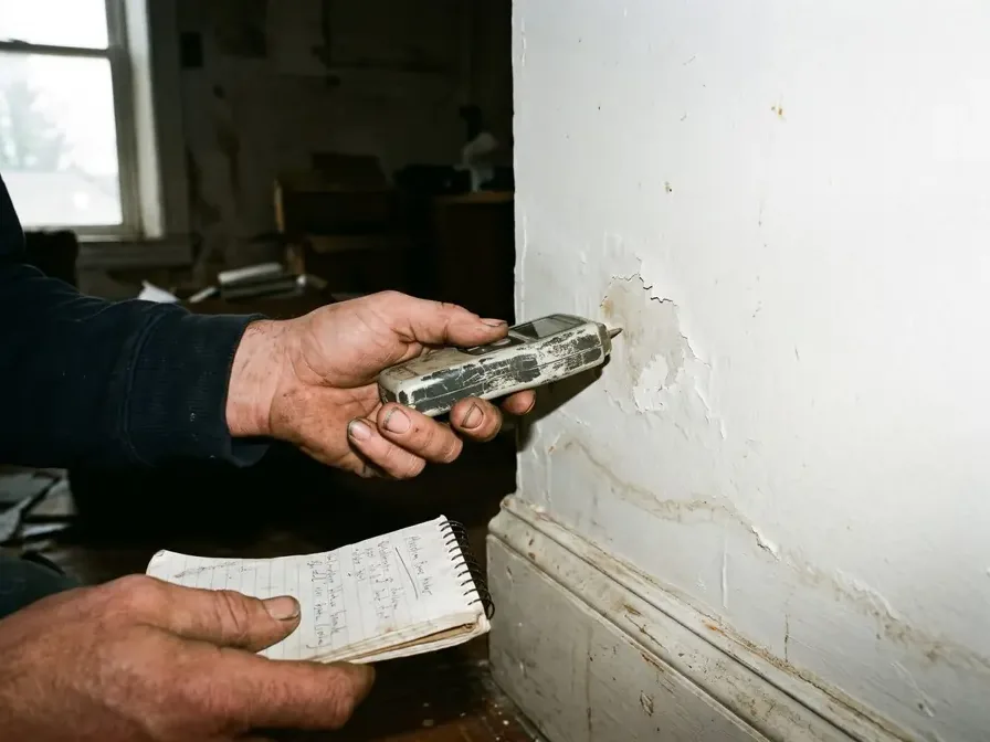Moisture meter pressed to a stained wall to check how far the water wicked into the drywall