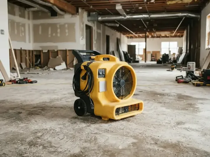 Air mover drying a large open commercial floor after a water loss