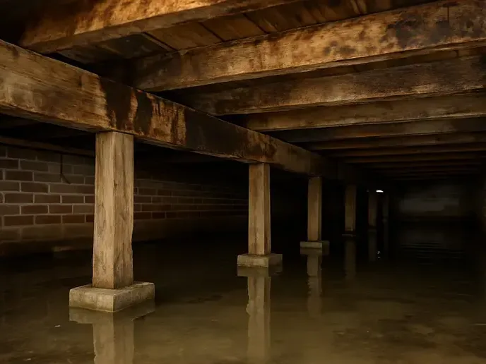 Standing water pooled between brick piers in the crawl space under a house