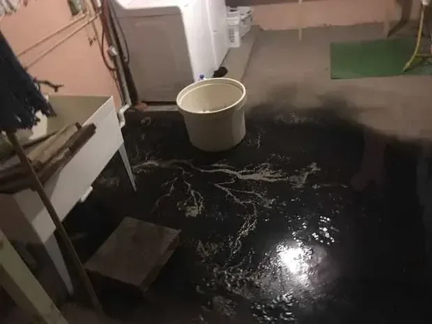 Dark sewage water spread across a basement laundry floor